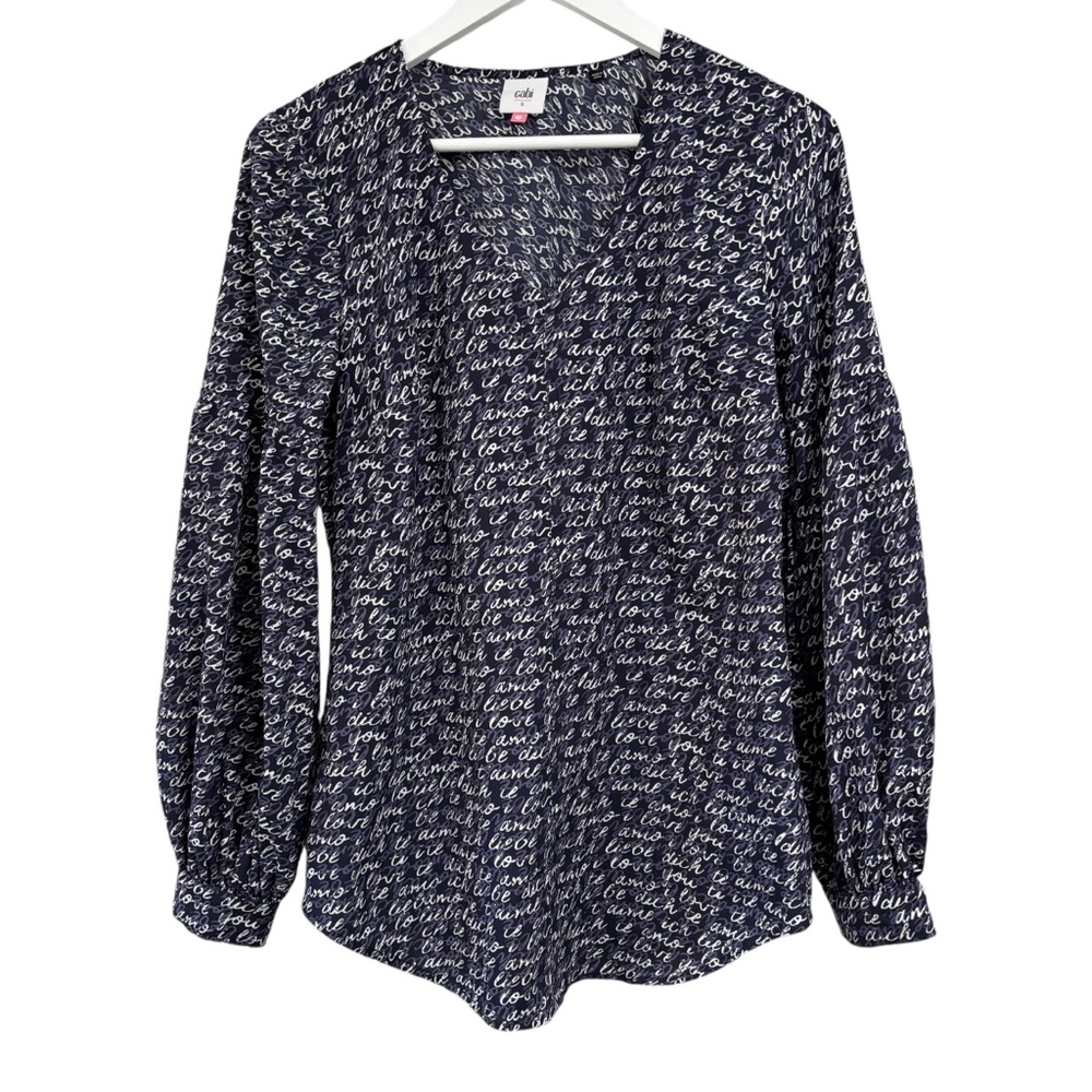 Cabi Navy Blue Te Amo Love Long Sleeve Tunic Top Shirt Womens Size Small